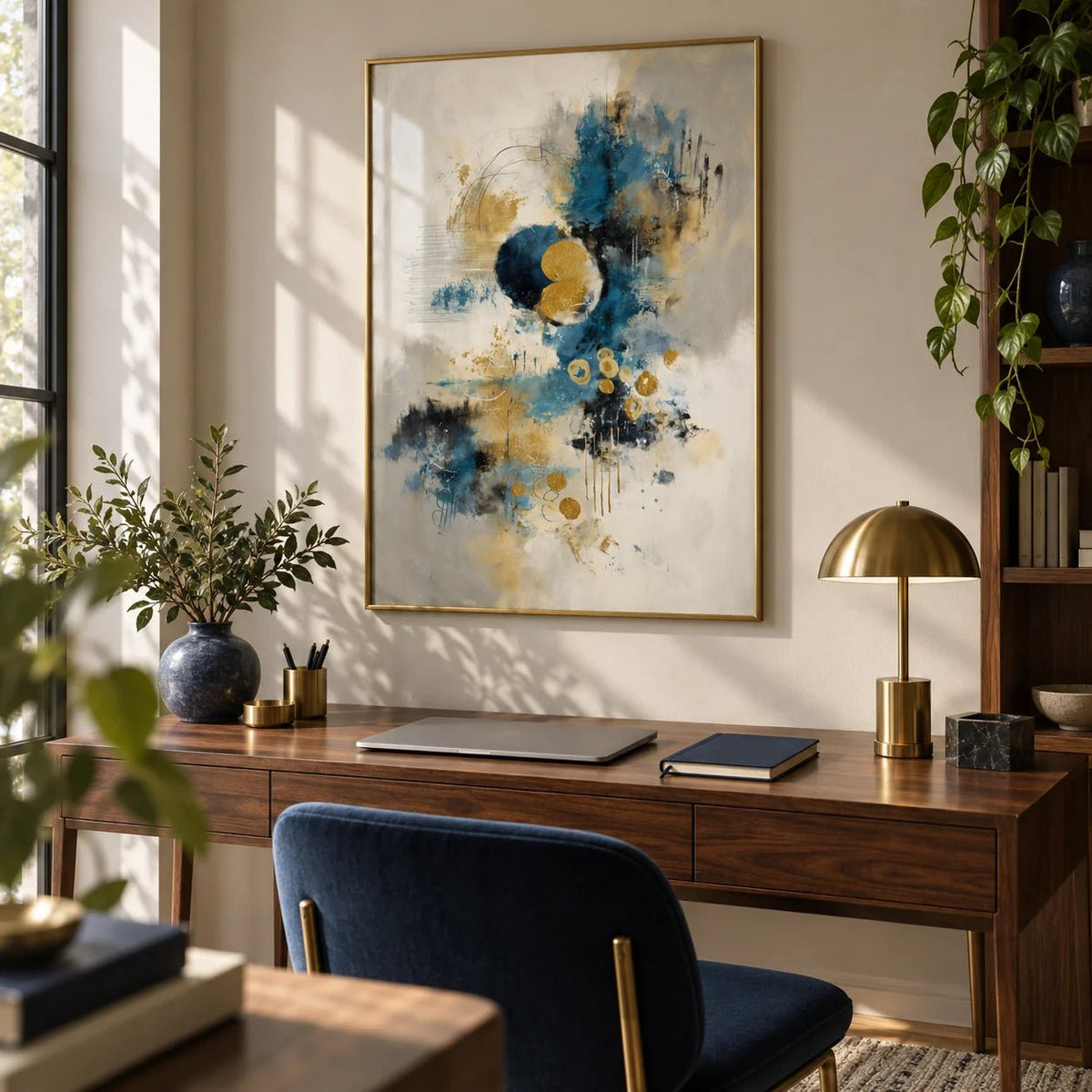 Abstract Blue Gold Wall Art, framed on the wall of a stylish home office