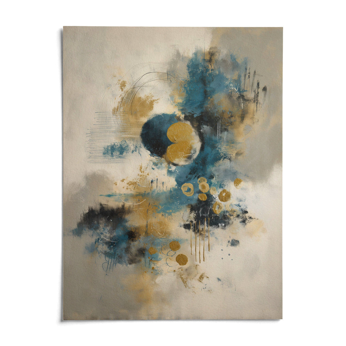 Abstract Blue Gold Wall Art, shown as an unframed paper print on a plain white background