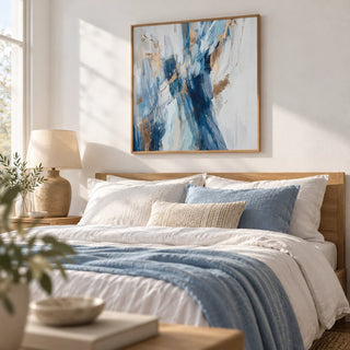 Abstract Blue Wall Art, framed on the wall of a calm bedroom with a soft white wall