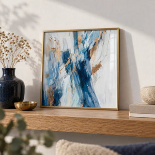 Abstract Blue Wall Art, a small A4 framed print leaning on an oak shelf in a living room