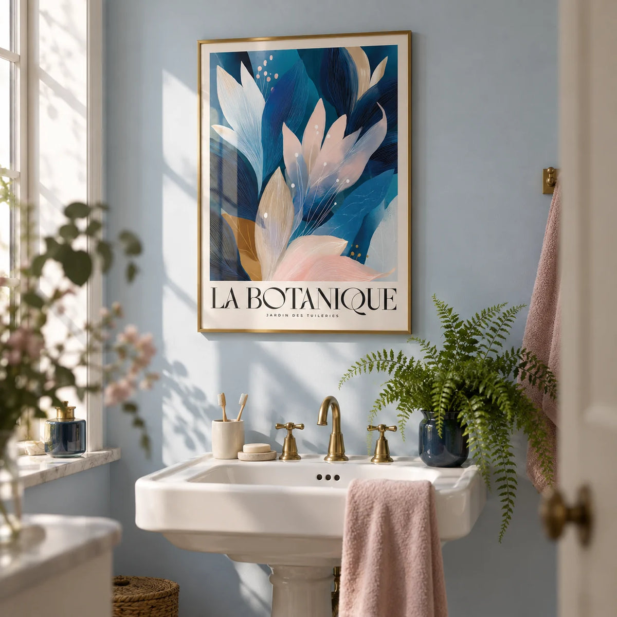 Abstract Botanical Art Print, framed on the wall of a calm bathroom with plain pale blue walls