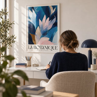 Abstract Botanical Art Print, framed on the wall of a calm home office with a white wall