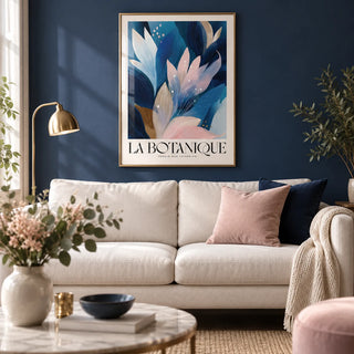 Abstract Botanical Art Print, framed on the wall of a modern living room with a plain navy wall