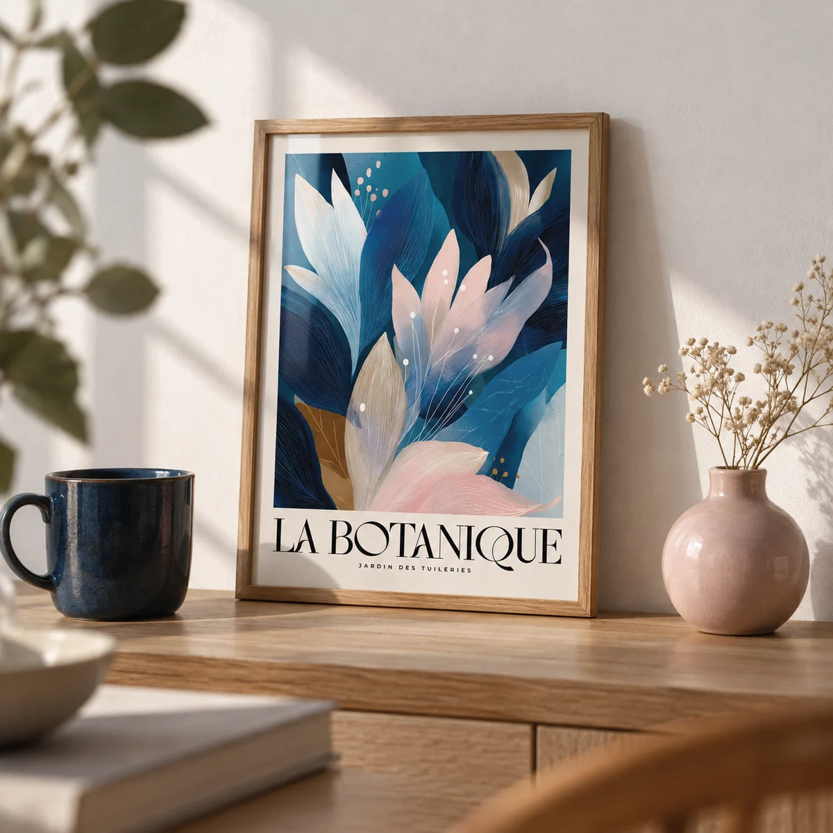 Abstract Botanical Art Print, a small A4 framed print leaning on an oak shelf in a living room