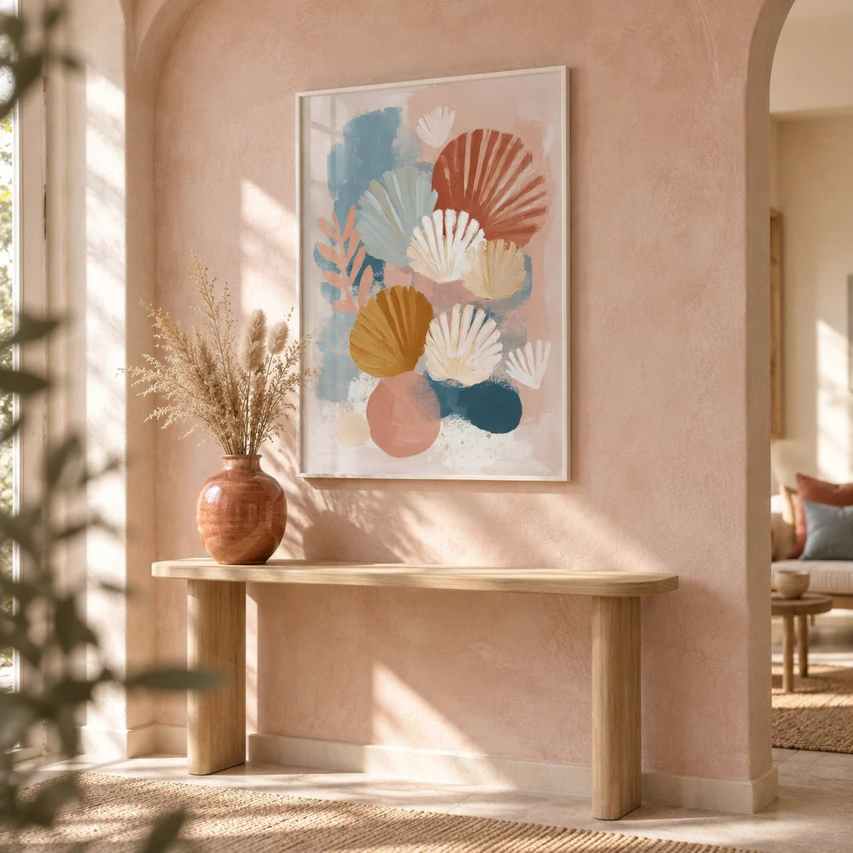 Abstract Botanical Print, framed on the wall of a bright hallway with an arched plaster niche