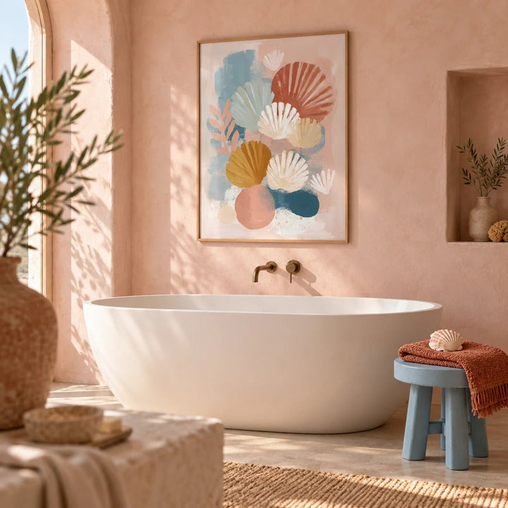 Abstract Botanical Print, framed on the wall of a calm Mediterranean-modern bathroom with blush pink limewashed plaster walls
