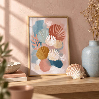 Abstract Botanical Print, a small A4 framed print leaning on a pale oak shelf in a living room