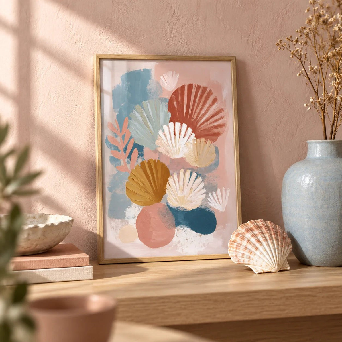 Abstract Botanical Print, a small A4 framed print leaning on a pale oak shelf in a living room