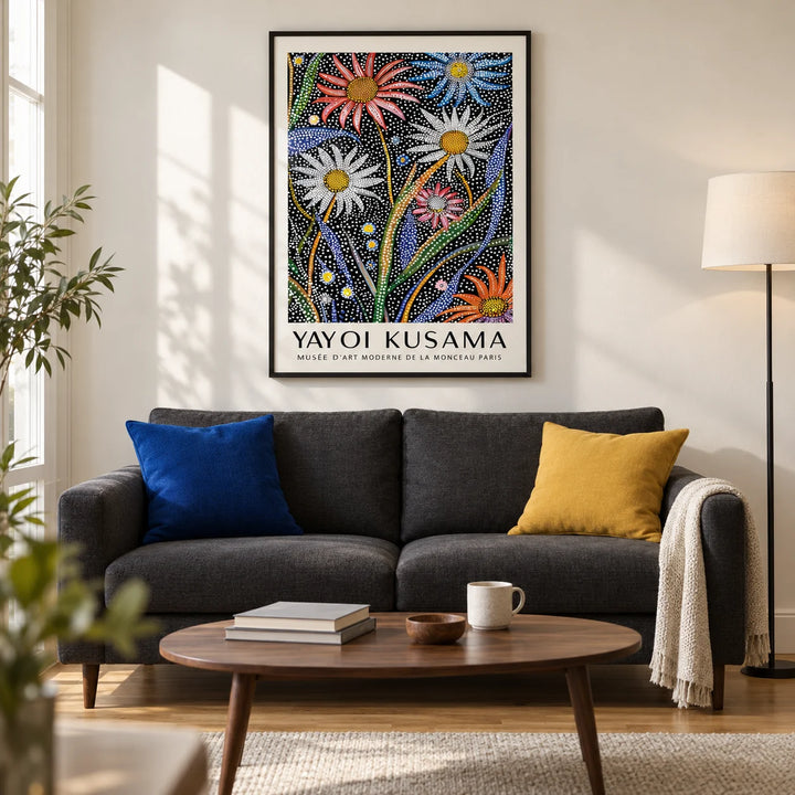 Abstract Botanical Wall Art, framed on the wall of a modern living room in a UK city flat with a warm white wall and oak floor