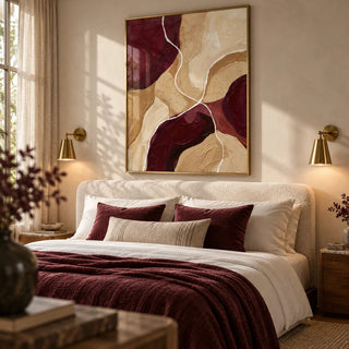 Burgundy Abstract Art, framed on the wall of a boutique hotel bedroom