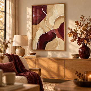 Burgundy Abstract Art, framed on the wall of a cosy autumn living room