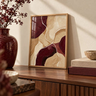 Burgundy Abstract Art, a small A4 framed print leaning on a walnut side table in a hallway