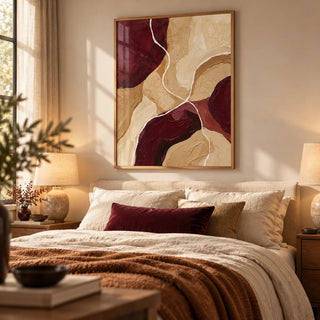 Burgundy Abstract Art, framed on the wall of a warm bedroom