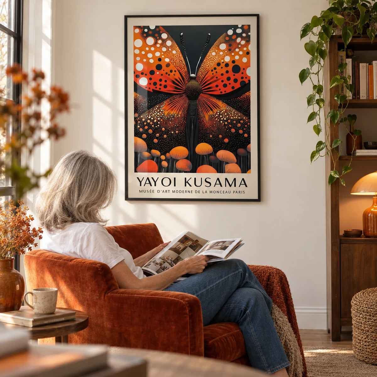 Abstract Butterfly Art, framed on the wall of a cosy reading corner with a warm white wall in a living room