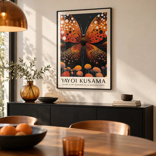 Abstract Butterfly Art, framed on the wall of a modern dining room with a cream wall