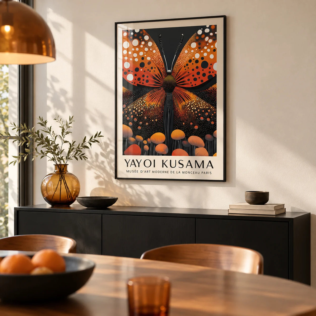 Abstract Butterfly Art, framed on the wall of a modern dining room with a cream wall
