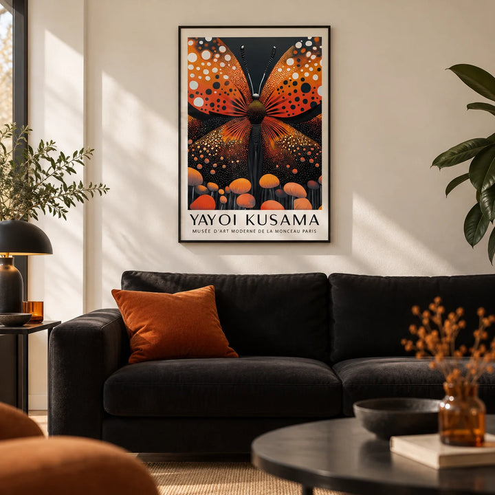 Abstract Butterfly Art, framed on the wall of a moody modern living room with a warm white wall