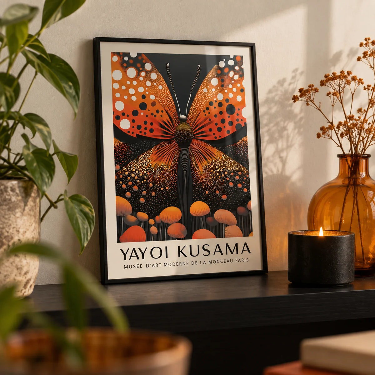 Abstract Butterfly Art, a small A4 framed print leaning on a black shelf in a living room