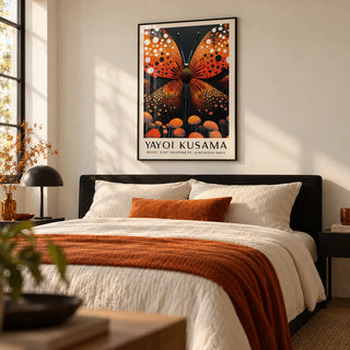 Abstract Butterfly Art, framed on the wall of a warm modern bedroom with a soft cream wall