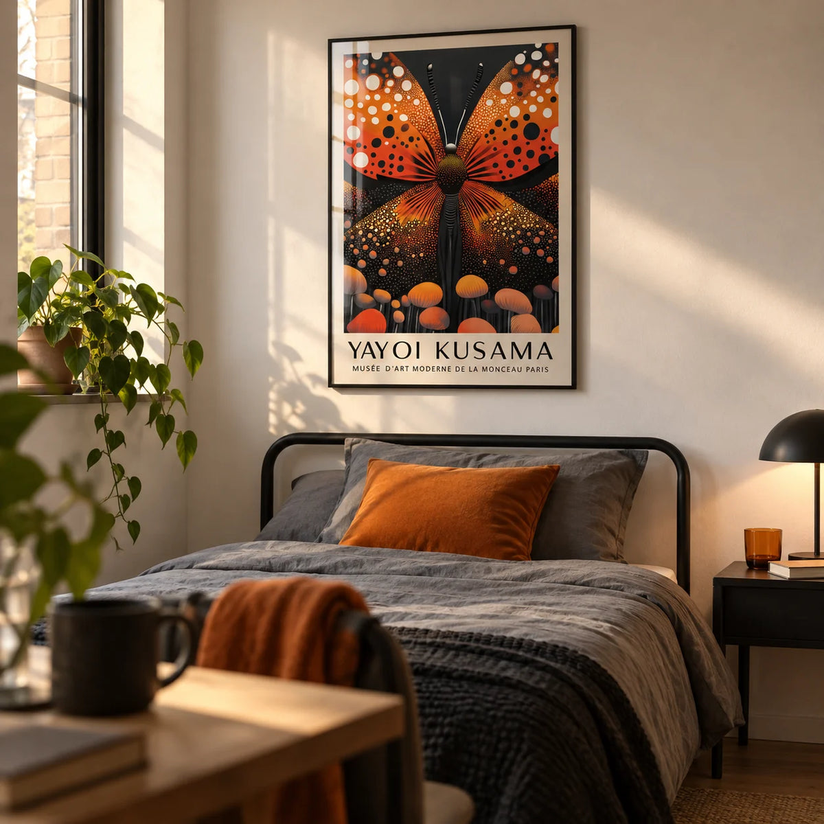 Abstract Butterfly Art, framed on the wall of a young adult's bedroom in a first flat (22-28) with a warm white wall