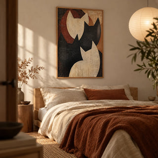 Abstract Cat Art, framed on the wall of an earthy bedroom