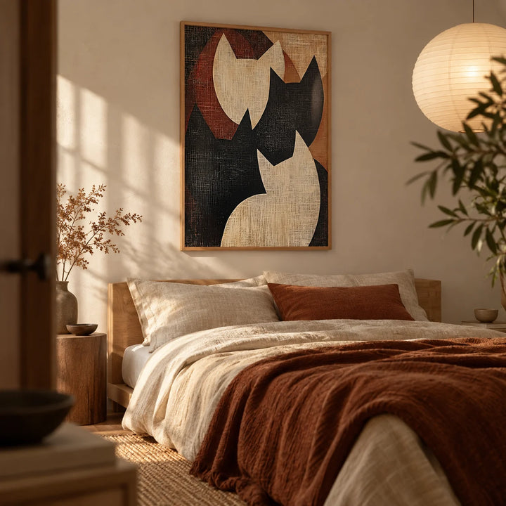 Abstract Cat Art, framed on the wall of an earthy bedroom