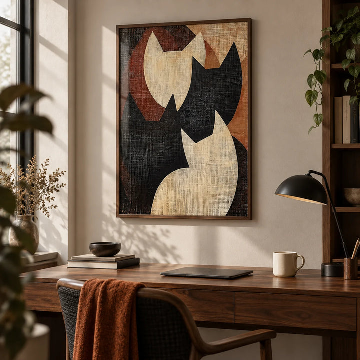 Abstract Cat Art, framed on the wall of a quiet home office