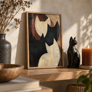 Abstract Cat Art, a small A4 framed print leaning on an oak shelf in a living room
