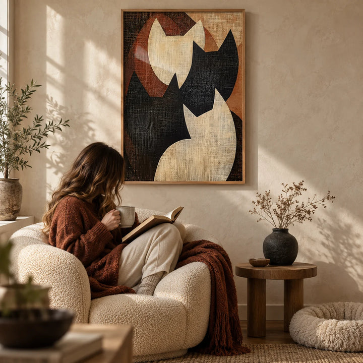 Abstract Cat Art, framed on the wall of a wabi-sabi living room with a limewashed wall