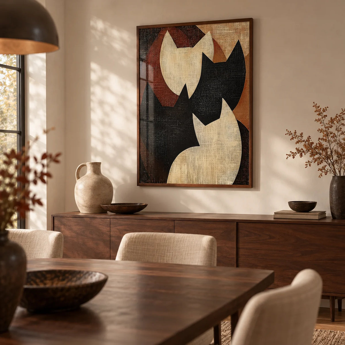 Abstract Cat Art, framed on the wall of a warm dining room