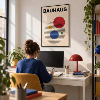 Abstract Circle Wall Art, framed on the wall of a creative home office with a white wall