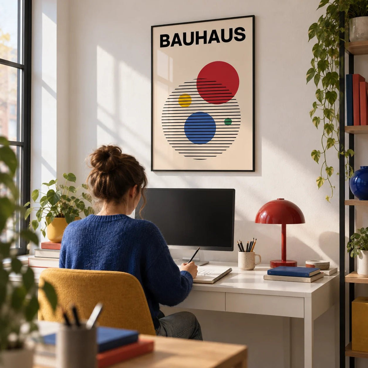 Abstract Circle Wall Art, framed on the wall of a creative home office with a white wall