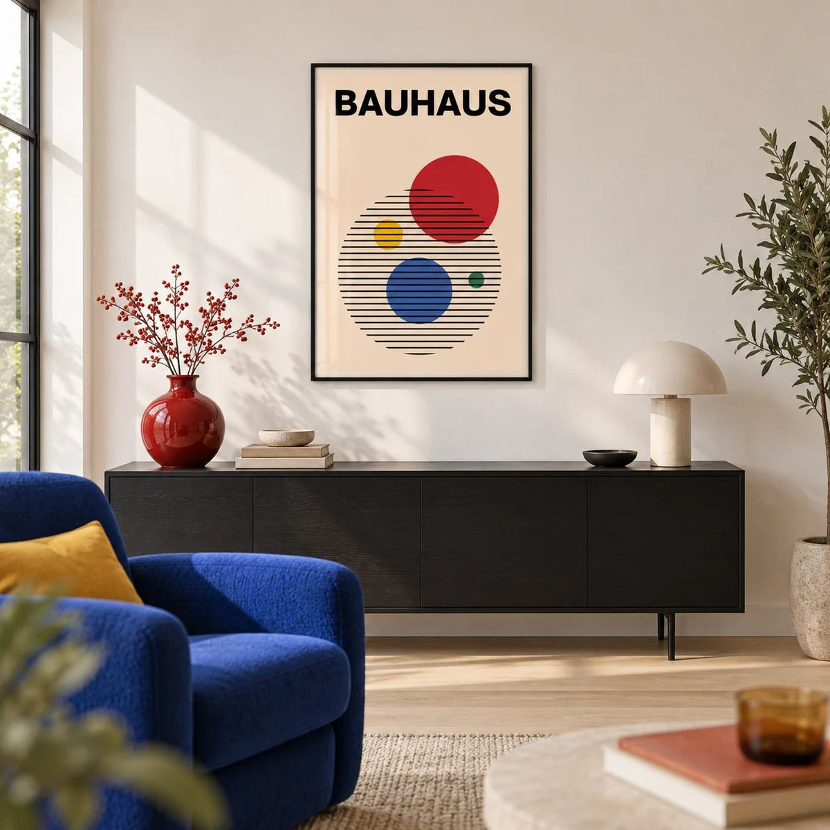 Abstract Circle Wall Art, framed on the wall of a design-led living room with a warm white wall and a pale oak floor