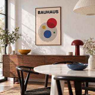 Abstract Circle Wall Art, framed on the wall of a modern dining room with a white wall