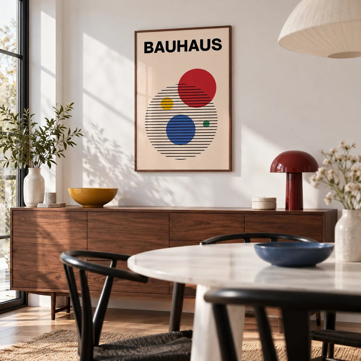 Abstract Circle Wall Art, framed on the wall of a modern dining room with a white wall