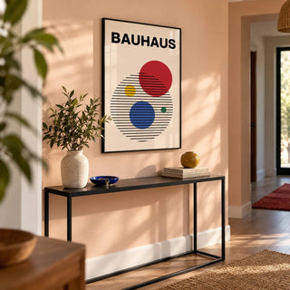 Abstract Circle Wall Art, framed on the wall of a modern hallway with a peach painted wall