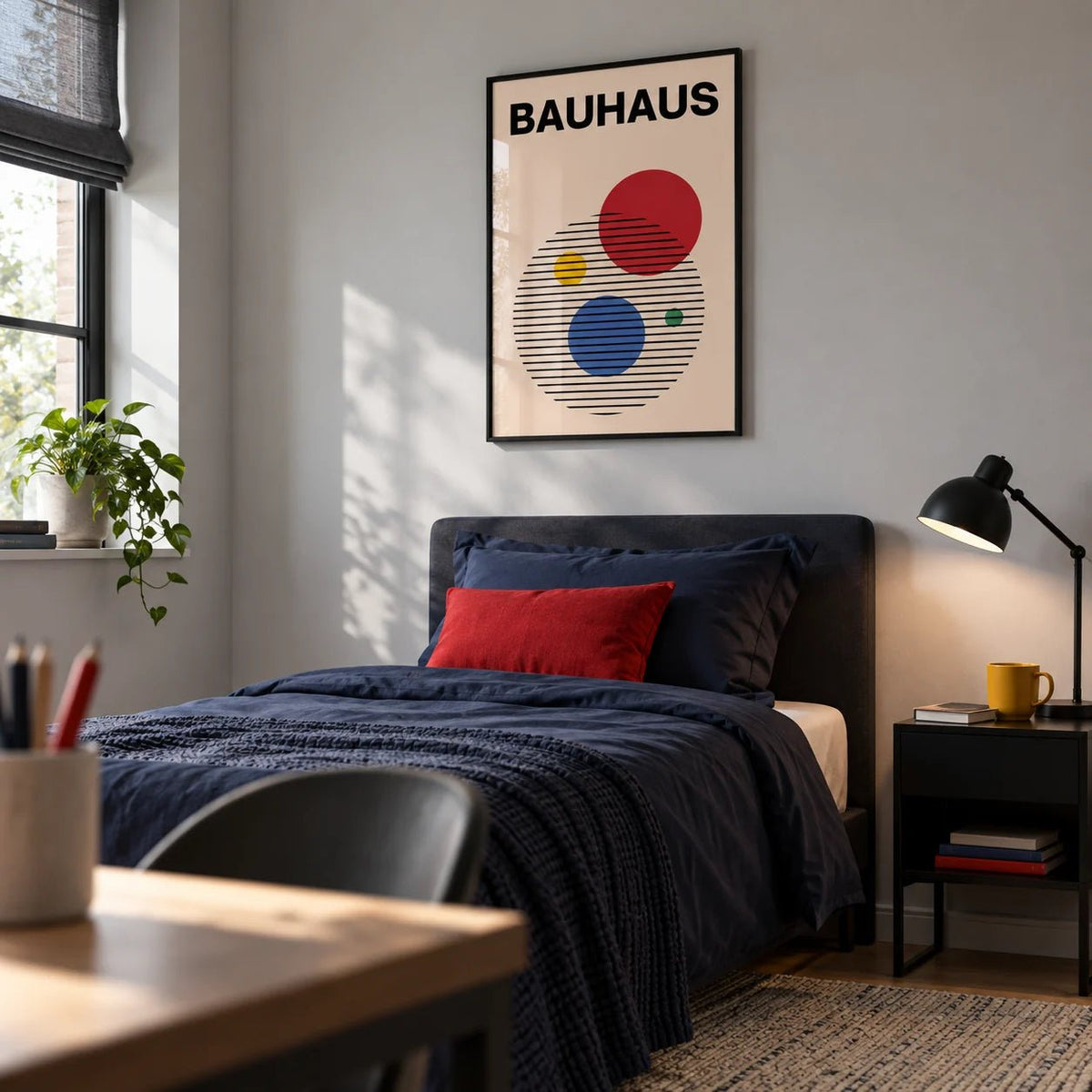 Abstract Circle Wall Art, framed on the wall of a smart single bedroom for a teenage boy (14-17) with a pale grey wall