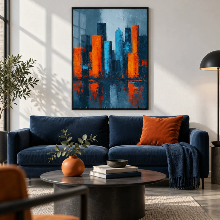 Abstract City Poster, framed on the wall of a design-led city-flat living room with a white wall and a polished concrete floor