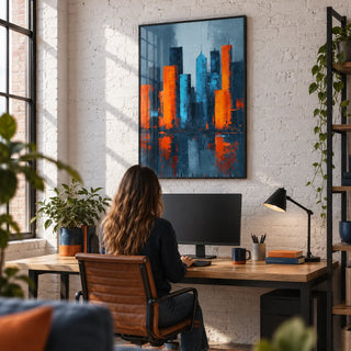 Abstract City Poster, framed on the wall of a loft-style home office with an exposed brick wall painted white