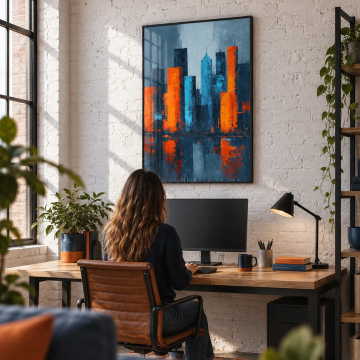 Abstract City Poster, framed on the wall of a loft-style home office with an exposed brick wall painted white