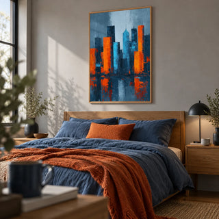 Abstract City Poster, framed on the wall of a modern bedroom with a soft grey wall