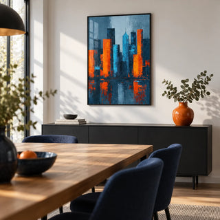 Abstract City Poster, framed on the wall of a modern dining room with a white wall