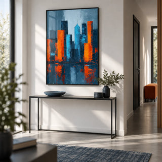 Abstract City Poster, framed on the wall of a modern hallway with a white wall and a grey floor