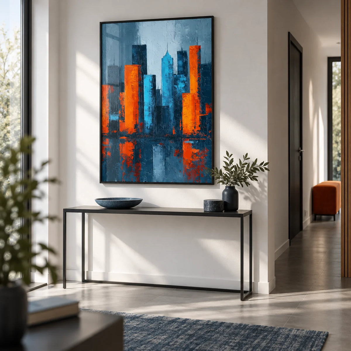 Abstract City Poster, framed on the wall of a modern hallway with a white wall and a grey floor