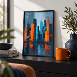 Abstract City Poster, a small A4 framed print leaning on a black shelf in a living room