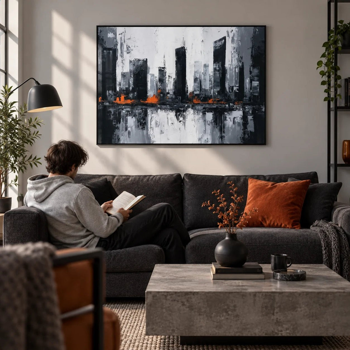 Abstract City Wall Art, framed on the wall of a modern city-flat living room