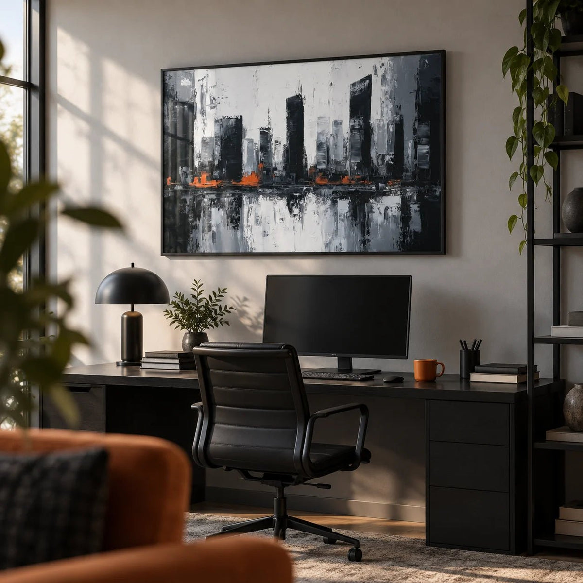 Abstract City Wall Art, framed on the wall of a sleek home office