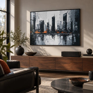 Abstract City Wall Art, framed on the wall of a stylish den in a living room