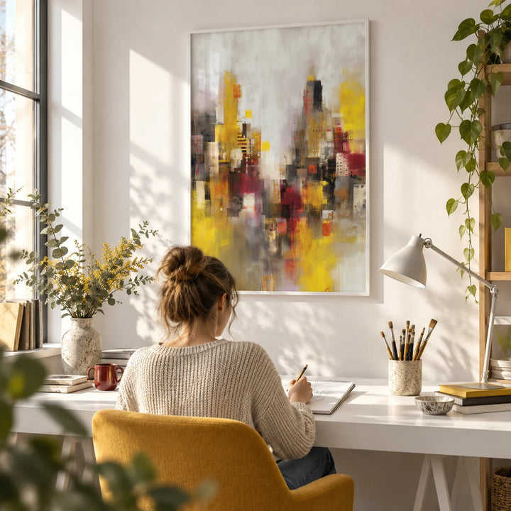 Abstract Cityscape Art Print, framed on the wall of a bright creative studio with a white wall in a home office