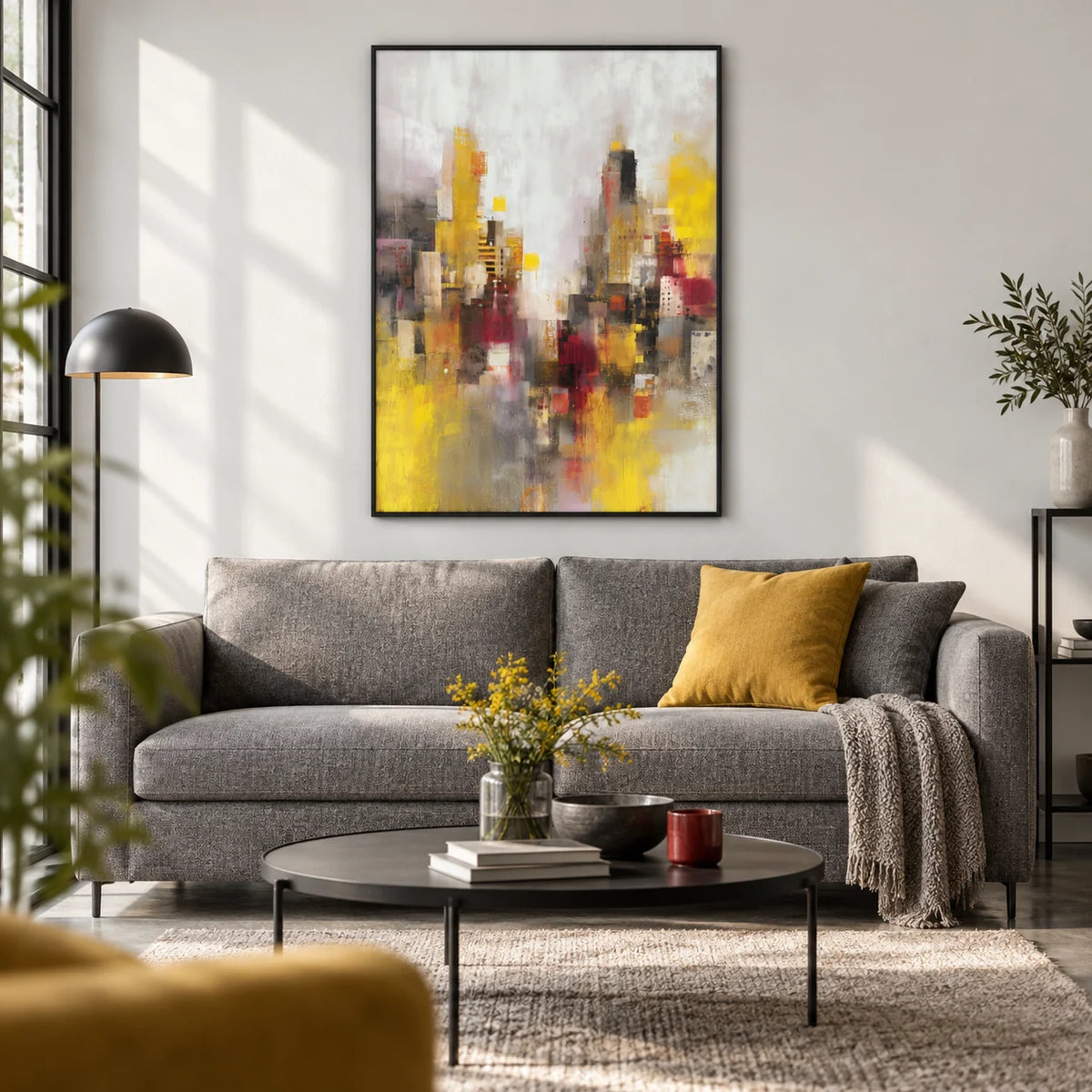 Abstract Cityscape Art Print, framed on the wall of a modern city-flat living room with a white wall and a concrete floor
